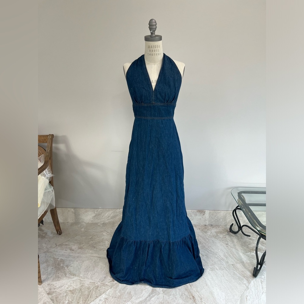 VINTAGE Blue denim Halter Maxi Dress